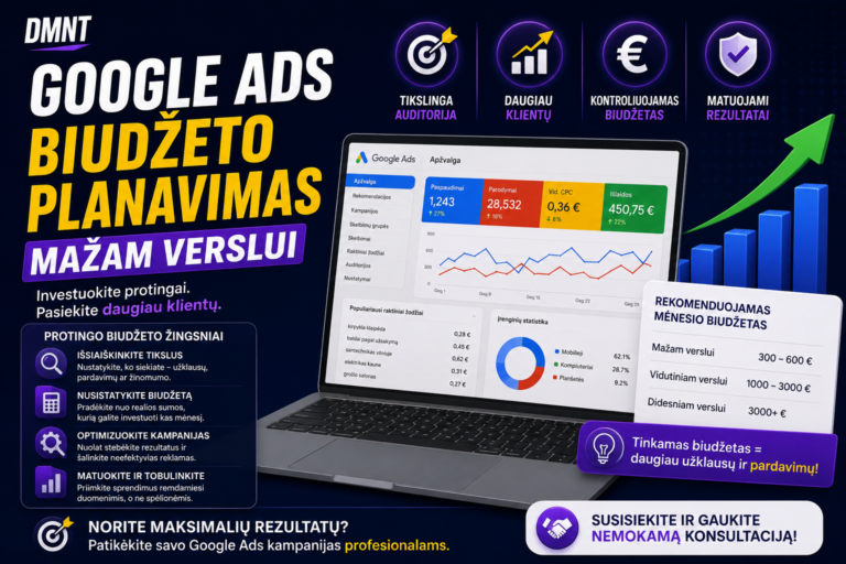 Kiek kainuoja Google Ads reklama mažam verslui 2026 metais? Complete gidas