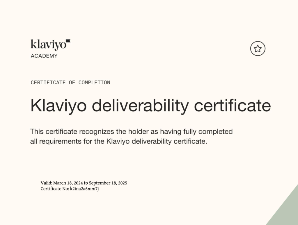 „Klaviyo“ pristatomumo sertifikatas — Klaviyo Academy