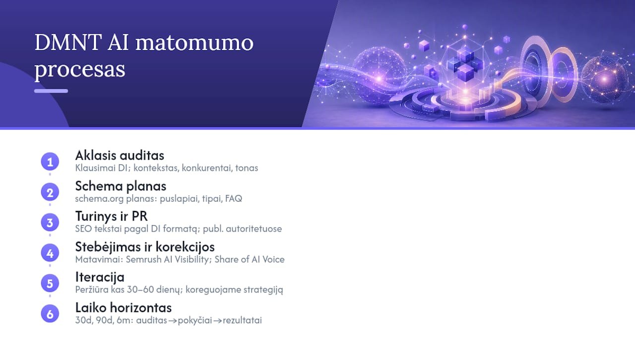 Kaip DMNT dirba: AI matomumo procesas žingsnis po žingsnio — overview diagram