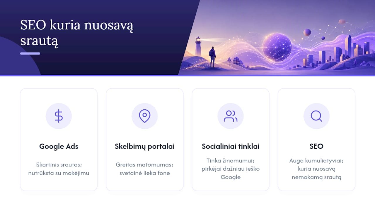 SEO ar tradicinė NT reklama: kur pinigai veikia geriau? — overview diagram