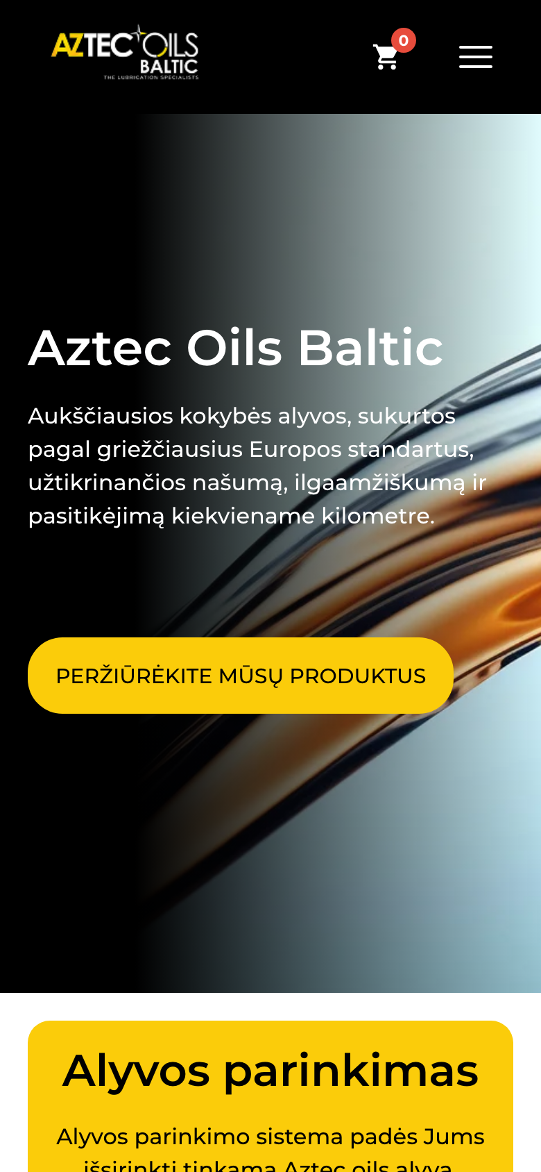 Aztec Oils Baltic elektroninė parduotuvė telefono ekrane