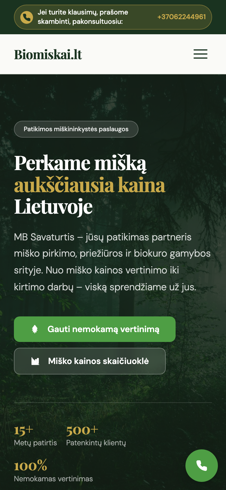 Biomiškai miško supirkimo svetainė telefono ekrane