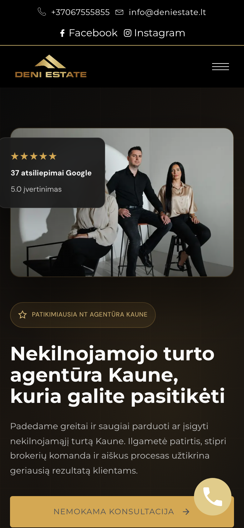 Deni Estate nekilnojamojo turto agentūros svetainė telefono ekrane