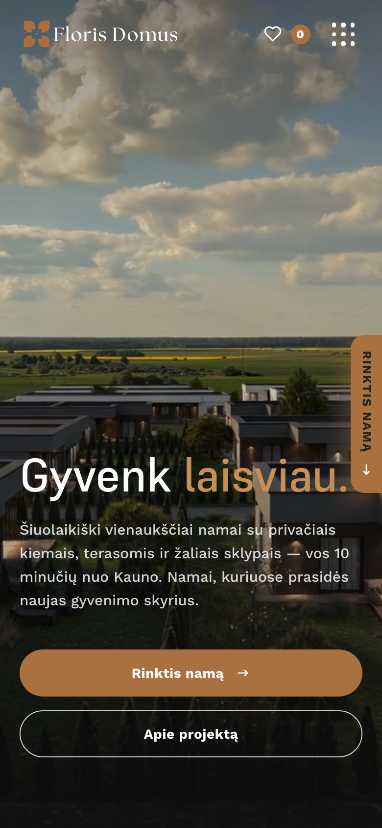 Floris Domus namų kvartalo svetainė telefono ekrane