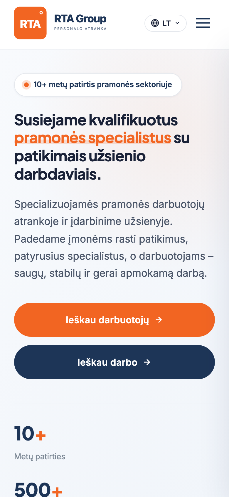 RTA Group personalo atrankos svetainė telefono ekrane