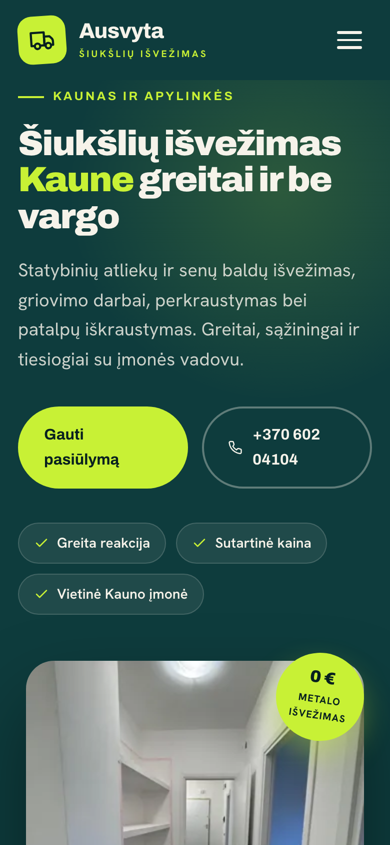 Šiukšlių išvežimo Kaune svetainė telefono ekrane