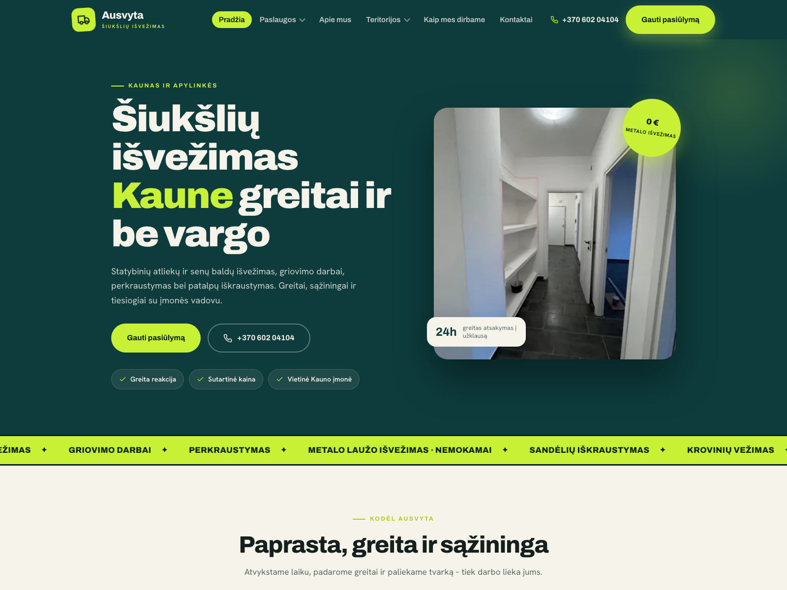 Ausvyta šiukšlių išvežimo Kaune svetainė su greito pasiūlymo forma